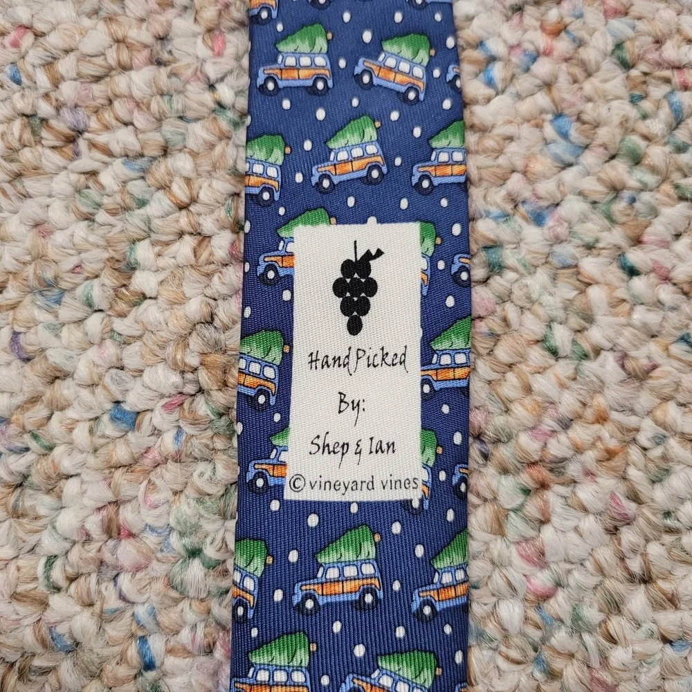 Vineyard Vines Tie Boys OS Blue Christmas Tree Woody Wagon Silk Holiday Preppy